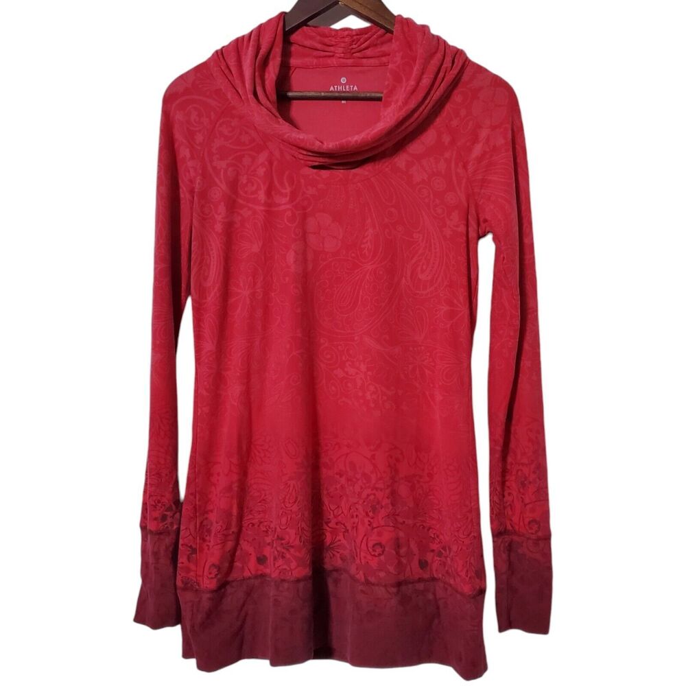 Athleta Ombre Floral Yoga Tunic Size M Nadi Cowl Neck Drawstring Hood Red Womens